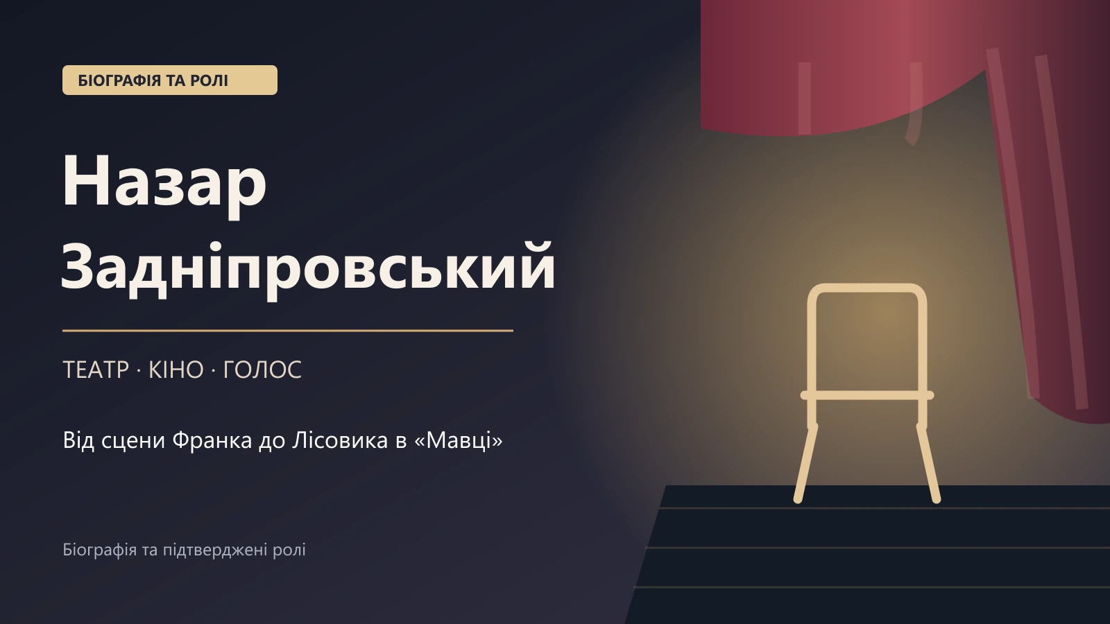 Редакційна ілюстрація до біографії Назара Задніпровського: ім'я актора, театральна завіса та порожній стілець